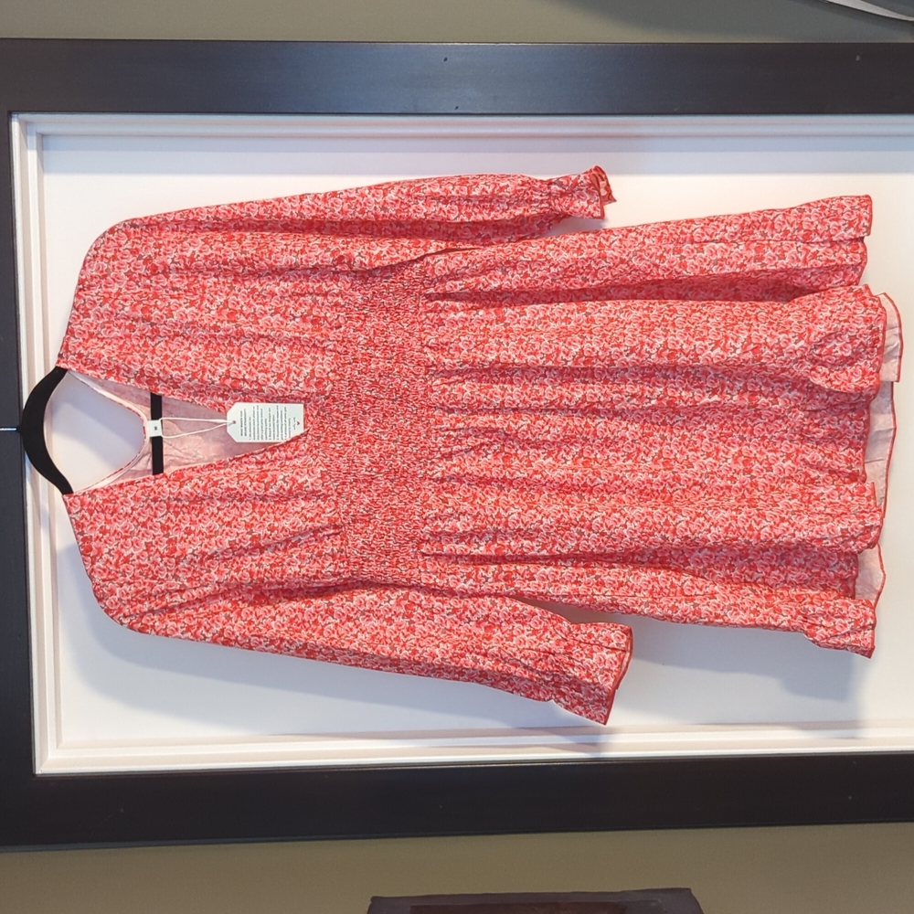 Floral Smocked Waist V-Neck Mini Dress in Coral Pink
